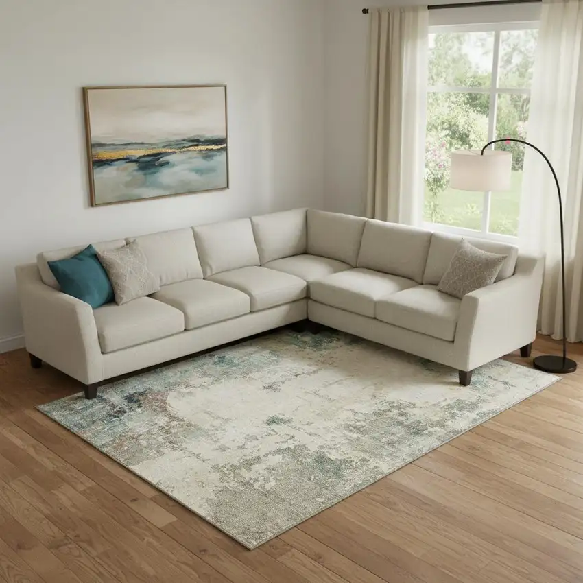 Ivory And Teal Abstract Washable Area Rug With UV Protection Photo 2