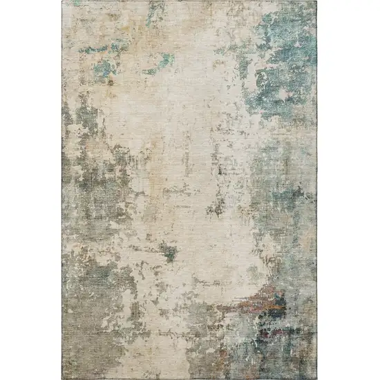 Ivory And Teal Abstract Washable Area Rug With UV Protection Photo 4