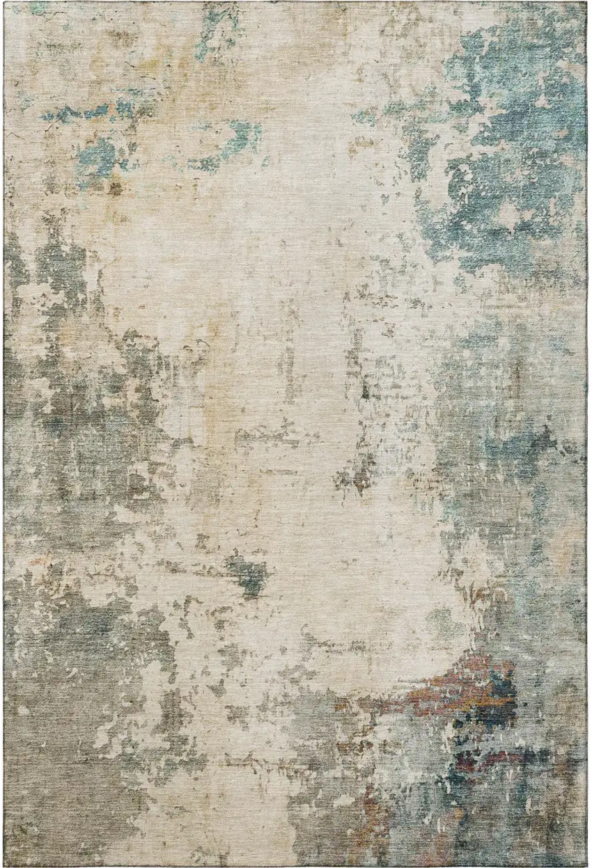 Ivory And Teal Abstract Washable Area Rug With UV Protection Photo 4