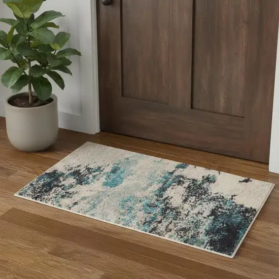 Ivory And Teal Blue Abstract Power Loom Non Skid Area Rug Photo 1