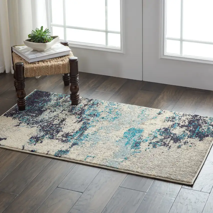 Ivory And Teal Blue Abstract Power Loom Non Skid Area Rug Photo 5