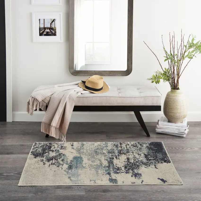 Ivory And Teal Blue Abstract Power Loom Non Skid Area Rug Photo 4