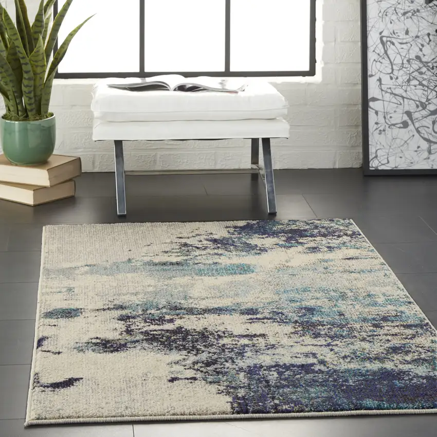 Ivory And Teal Blue Abstract Power Loom Non Skid Area Rug Photo 8