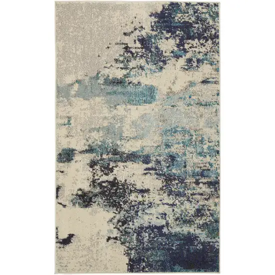 Ivory And Teal Blue Abstract Power Loom Non Skid Area Rug Photo 1