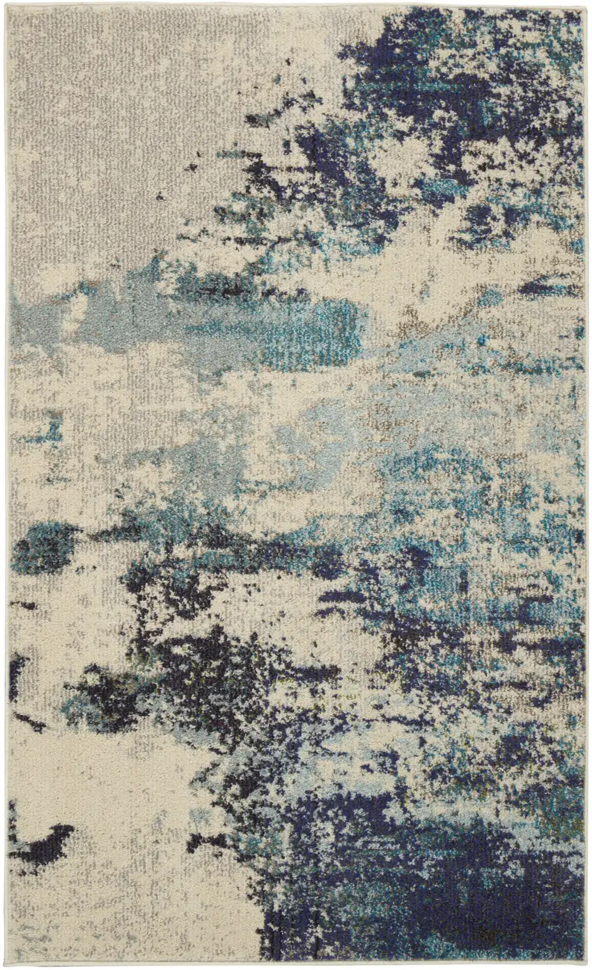 Ivory And Teal Blue Abstract Power Loom Non Skid Area Rug Photo 1