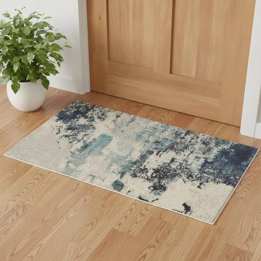 Ivory And Teal Blue Abstract Power Loom Non Skid Area Rug Photo 1