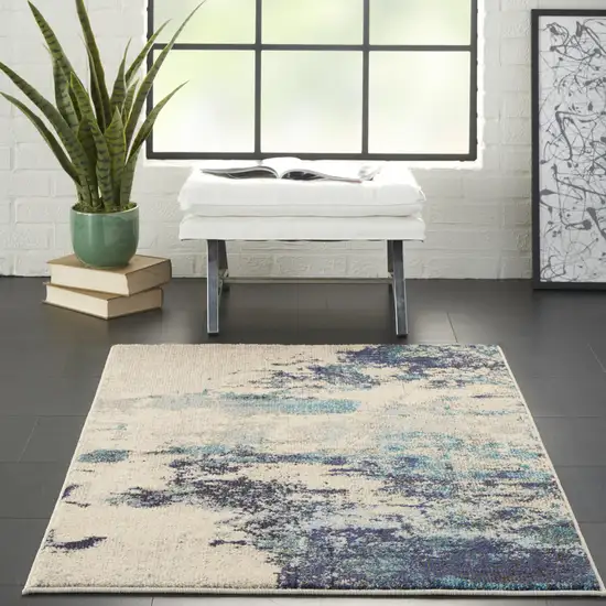 Ivory And Teal Blue Abstract Power Loom Non Skid Area Rug Photo 6