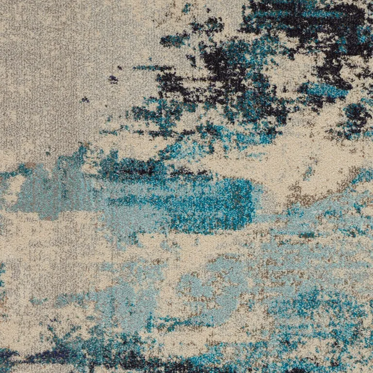 Ivory And Teal Blue Abstract Power Loom Non Skid Area Rug Photo 3