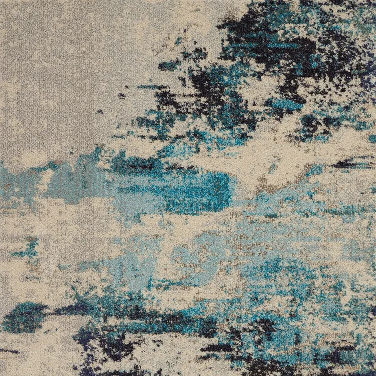 Ivory And Teal Blue Abstract Power Loom Non Skid Area Rug Photo 4