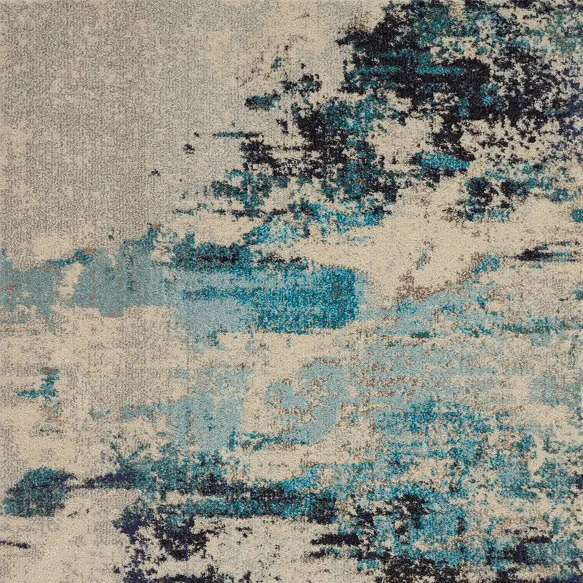 Ivory And Teal Blue Abstract Power Loom Non Skid Area Rug Photo 4