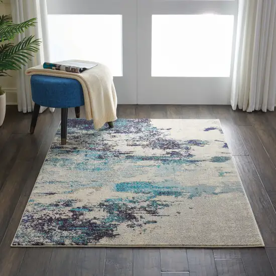 Ivory And Teal Blue Abstract Power Loom Non Skid Area Rug Photo 4