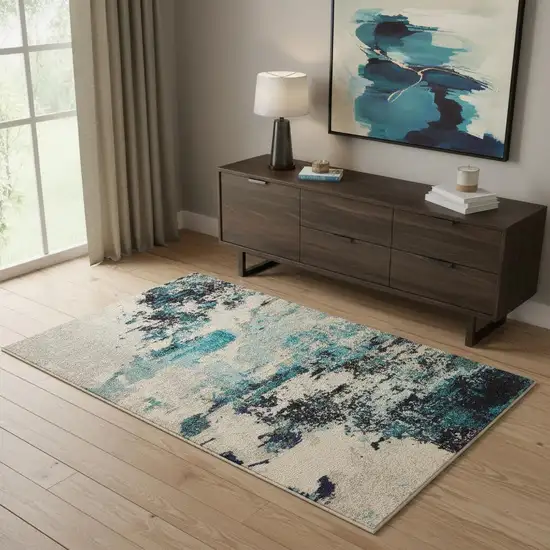 Ivory And Teal Blue Abstract Power Loom Non Skid Area Rug Photo 1