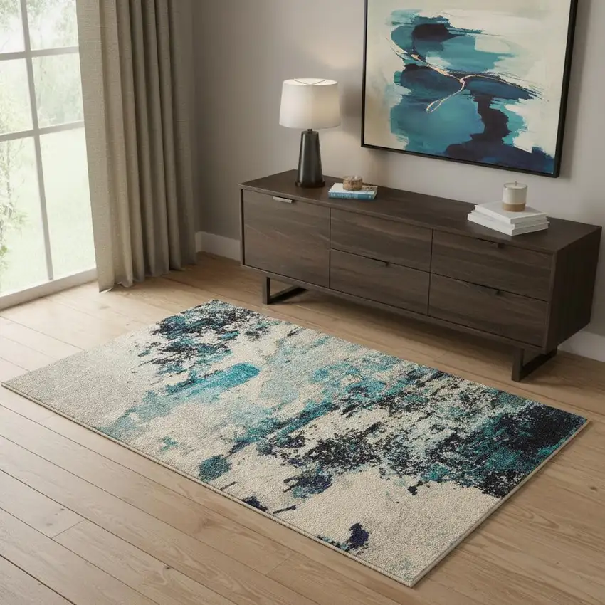 Ivory And Teal Blue Abstract Power Loom Non Skid Area Rug Photo 1