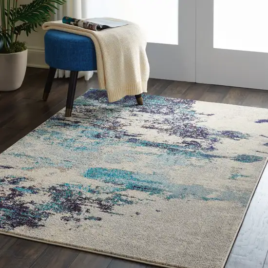 Ivory And Teal Blue Abstract Power Loom Non Skid Area Rug Photo 6