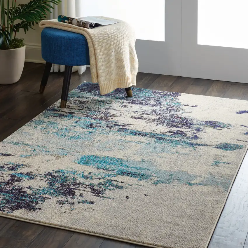 Ivory And Teal Blue Abstract Power Loom Non Skid Area Rug Photo 6