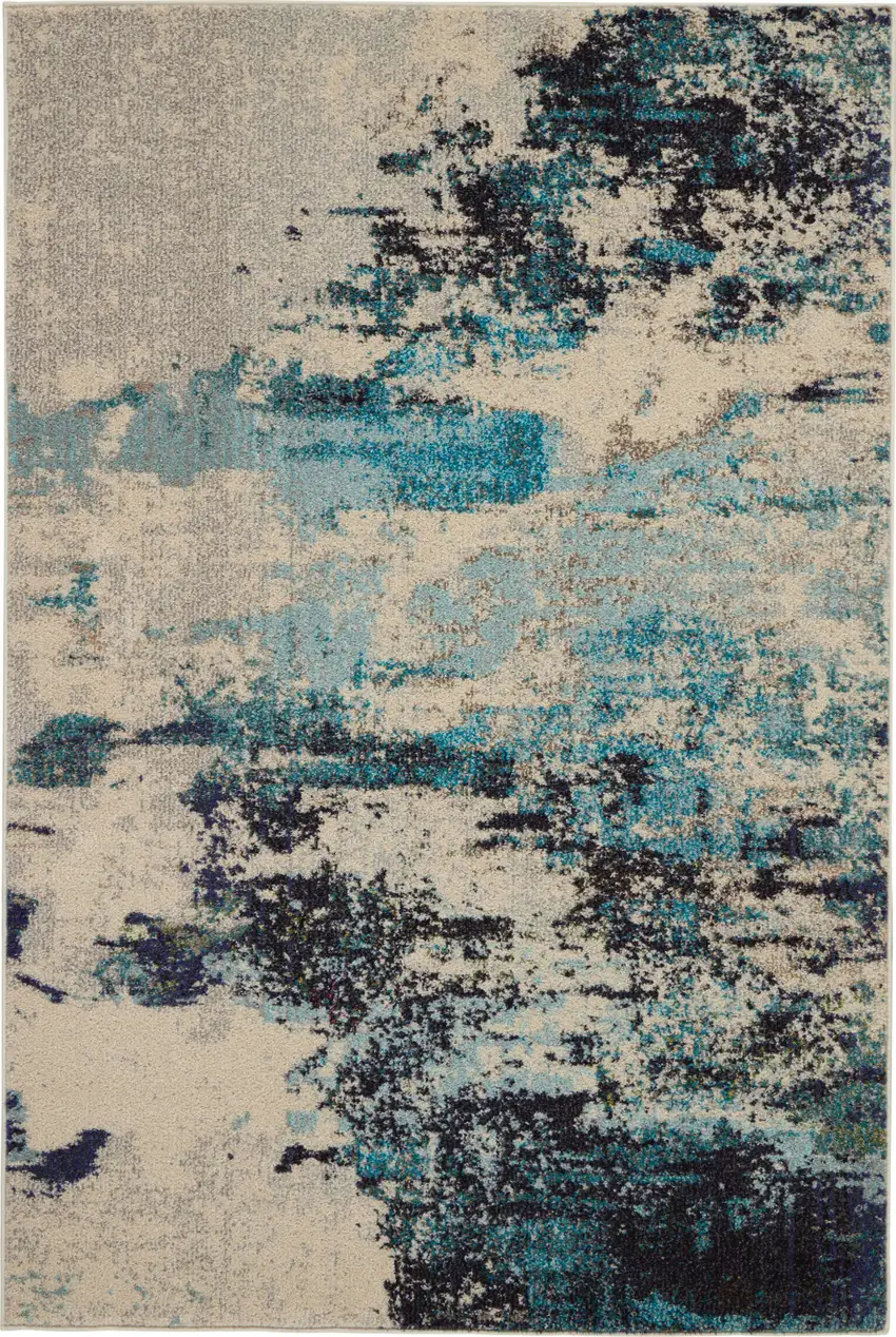 Ivory And Teal Blue Abstract Power Loom Non Skid Area Rug Photo 1