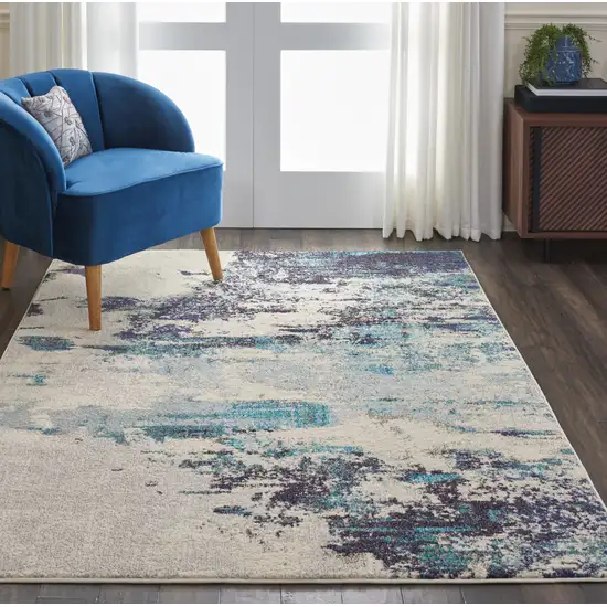 Ivory And Teal Blue Abstract Power Loom Non Skid Area Rug Photo 4