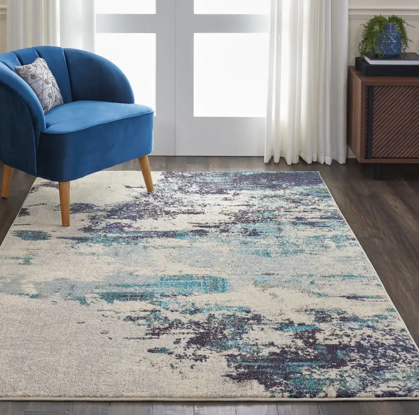 Ivory And Teal Blue Abstract Power Loom Non Skid Area Rug Photo 4