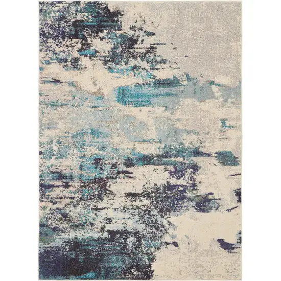 Ivory And Teal Blue Abstract Power Loom Non Skid Area Rug Photo 1