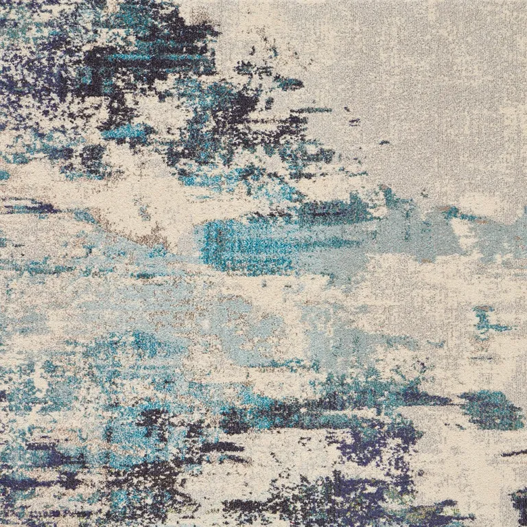 Ivory And Teal Blue Abstract Power Loom Non Skid Area Rug Photo 4