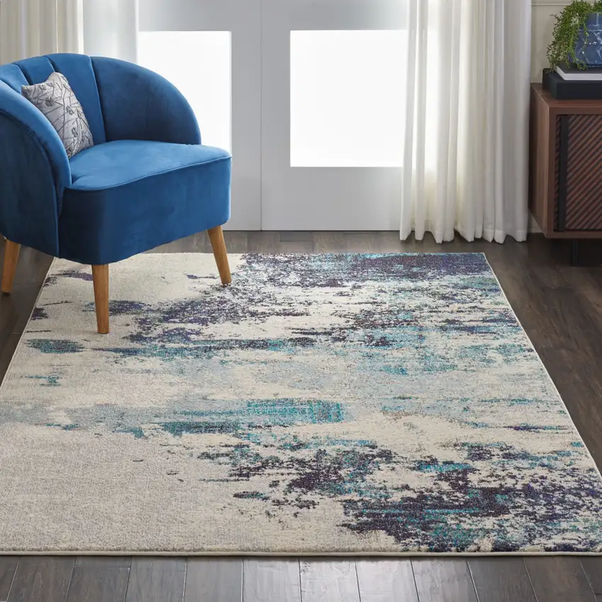 Ivory And Teal Blue Abstract Power Loom Non Skid Area Rug Photo 5