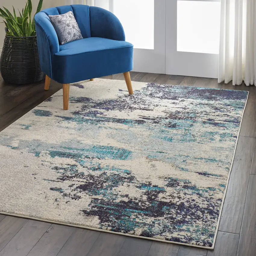 Ivory And Teal Blue Abstract Power Loom Non Skid Area Rug Photo 6