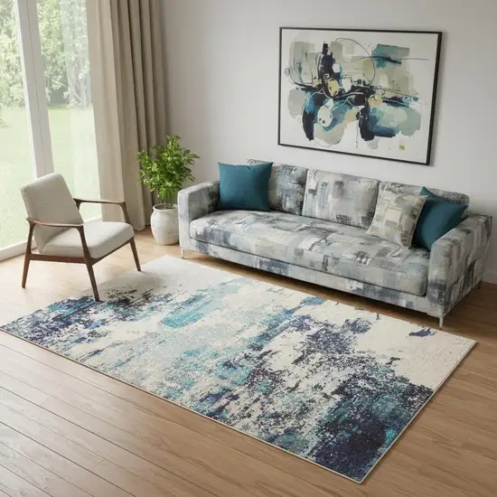 Ivory And Teal Blue Abstract Power Loom Non Skid Area Rug Photo 1