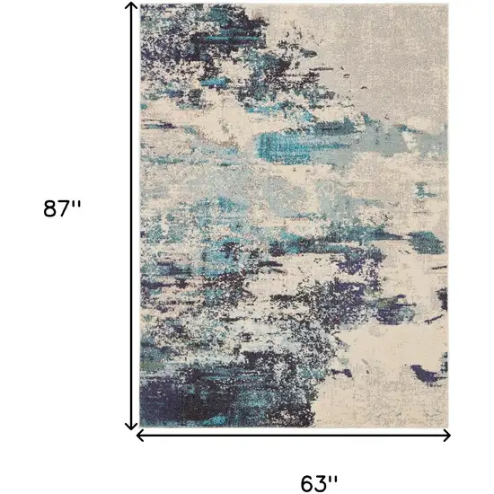 Ivory And Teal Blue Abstract Power Loom Non Skid Area Rug Photo 5