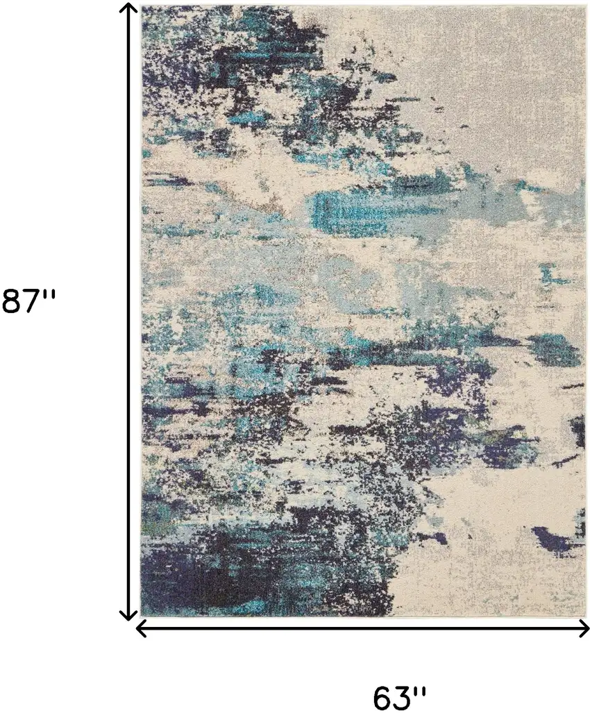 Ivory And Teal Blue Abstract Power Loom Non Skid Area Rug Photo 5