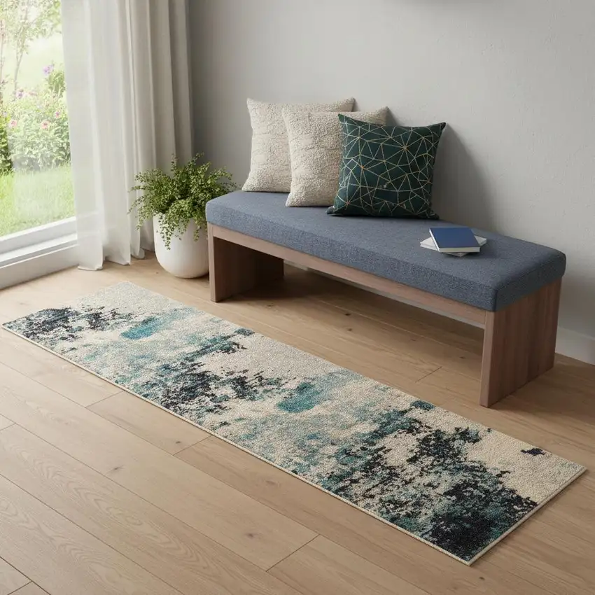 2' X 6' Ivory And Teal Blue Abstract Power Loom Non Skid Runner Rug Photo 1