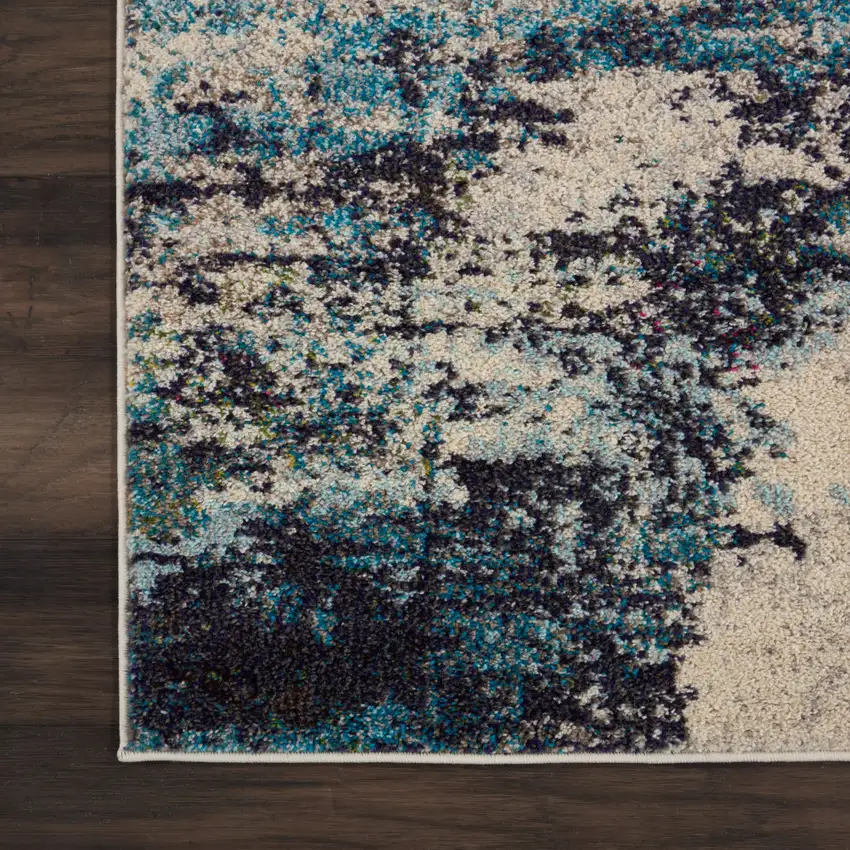2' X 6' Ivory And Teal Blue Abstract Power Loom Non Skid Runner Rug Photo 9