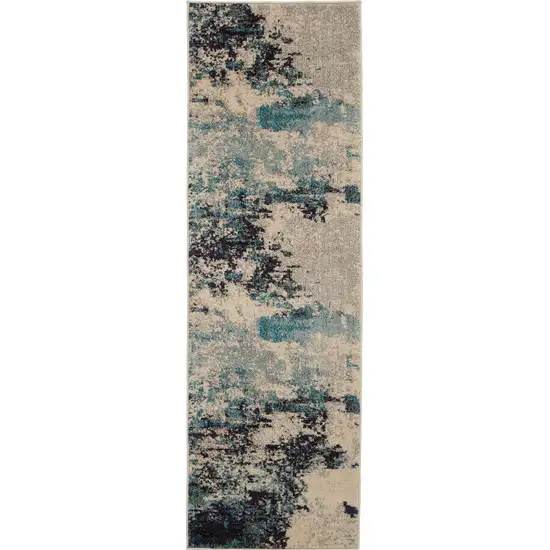 2' X 6' Ivory And Teal Blue Abstract Power Loom Non Skid Runner Rug Photo 1