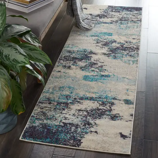 2' X 6' Ivory And Teal Blue Abstract Power Loom Non Skid Runner Rug Photo 4