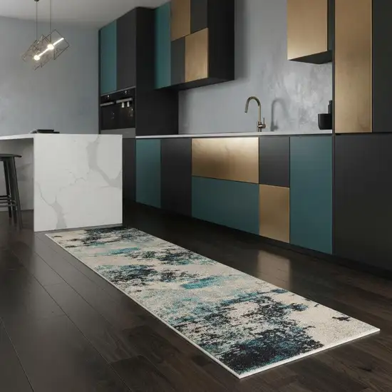 2' X 8' Ivory And Teal Blue Abstract Power Loom Non Skid Runner Rug Photo 1