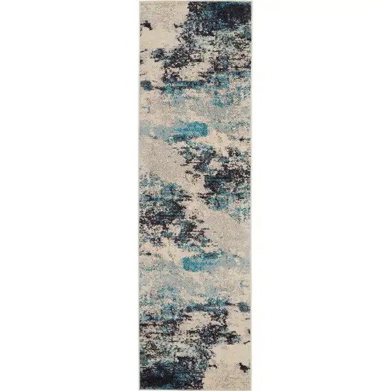 2' X 8' Ivory And Teal Blue Abstract Power Loom Non Skid Runner Rug Photo 1