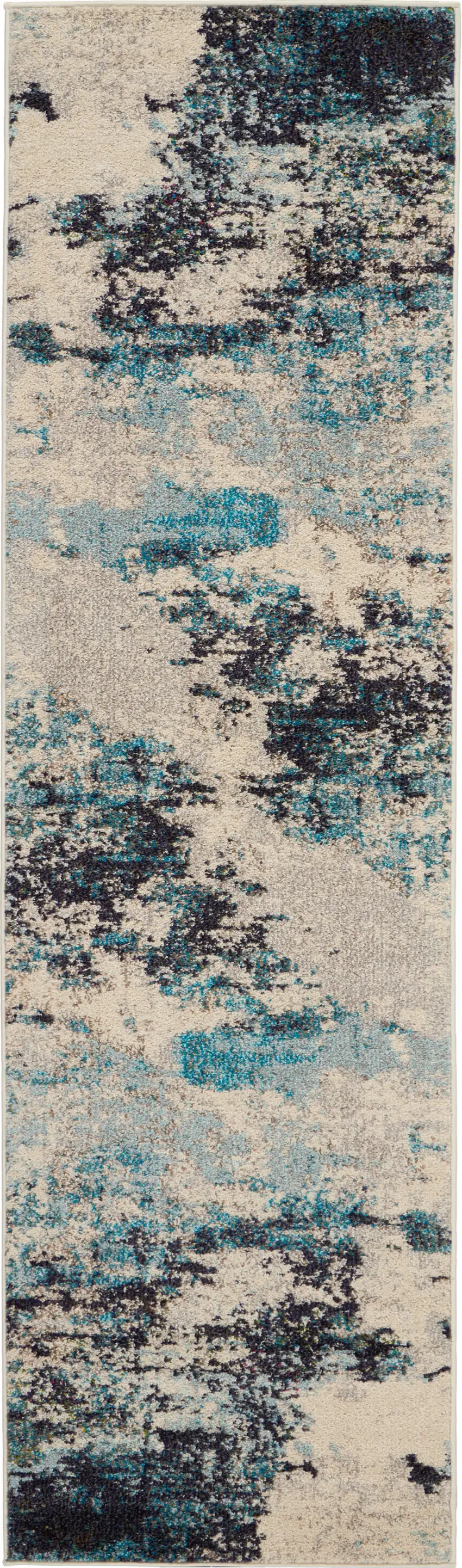 2' X 8' Ivory And Teal Blue Abstract Power Loom Non Skid Runner Rug Photo 1