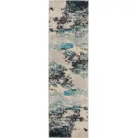 Photo of Ivory And Teal Blue Abstract Power Loom Non Skid Runner Rug