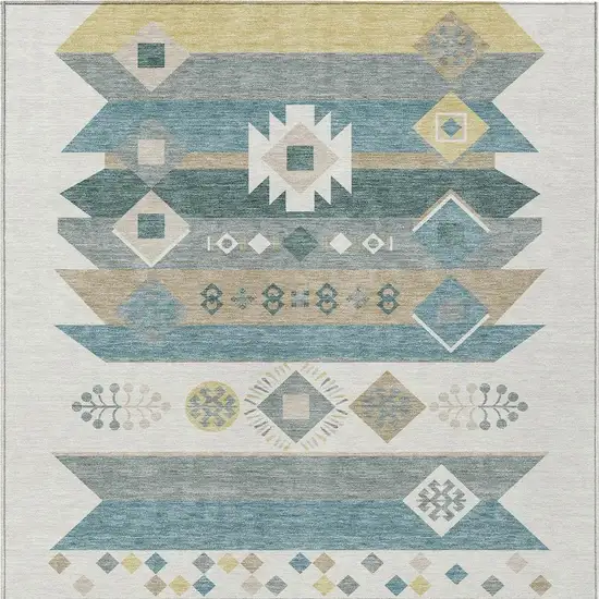 Ivory And Teal Blue Geometric Washable Indoor Outdoor Area Rug Photo 4