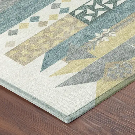 Ivory And Teal Blue Geometric Washable Indoor Outdoor Area Rug Photo 5