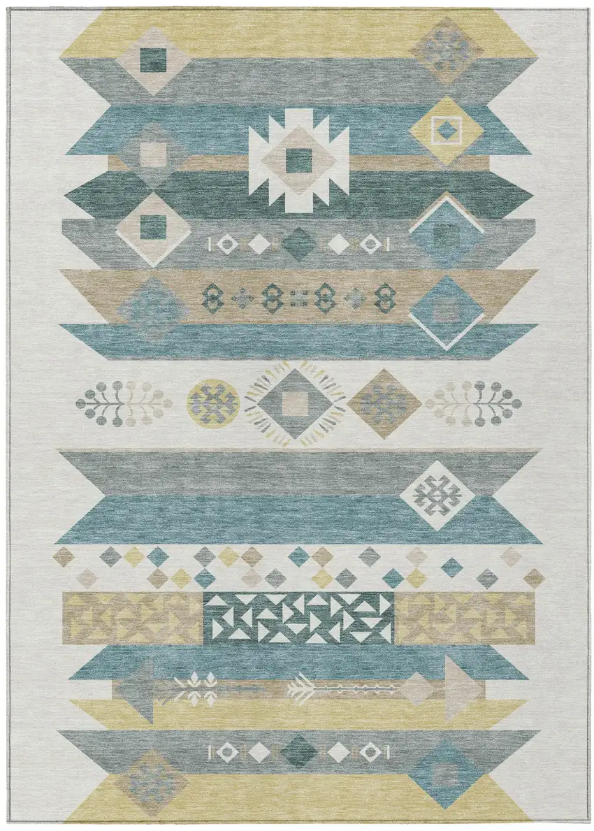 Ivory And Teal Blue Geometric Washable Indoor Outdoor Area Rug Photo 2