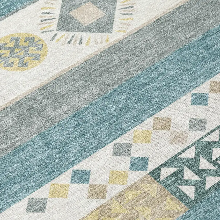 Ivory And Teal Blue Geometric Washable Indoor Outdoor Area Rug Photo 6