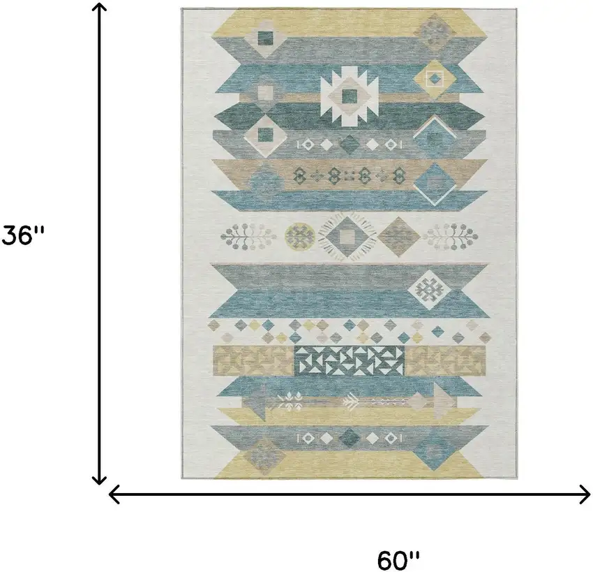 Ivory And Teal Blue Geometric Washable Indoor Outdoor Area Rug Photo 7