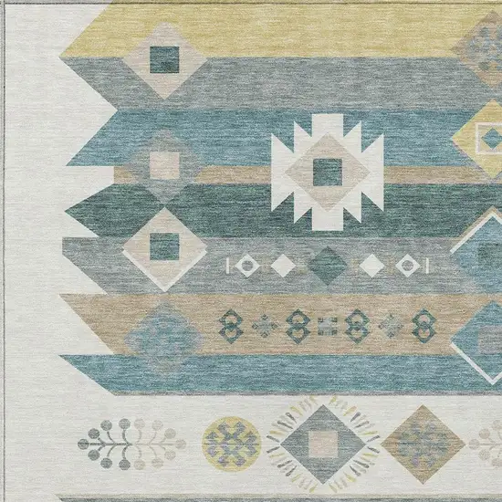 Ivory And Teal Blue Geometric Washable Indoor Outdoor Area Rug Photo 3
