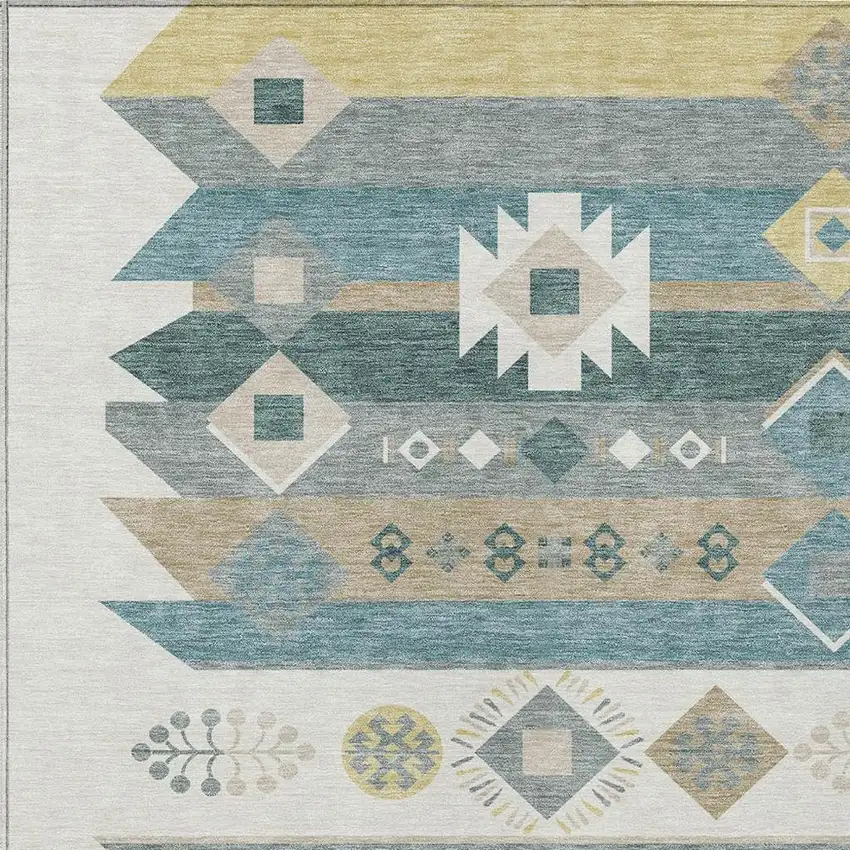Ivory And Teal Blue Geometric Washable Indoor Outdoor Area Rug Photo 3
