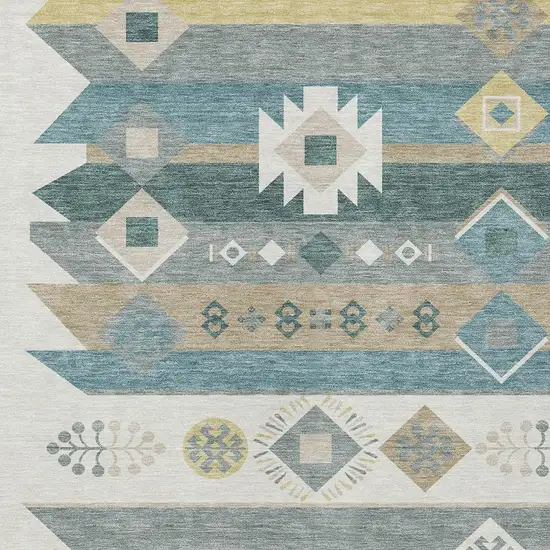 Ivory And Teal Blue Geometric Washable Indoor Outdoor Area Rug Photo 3