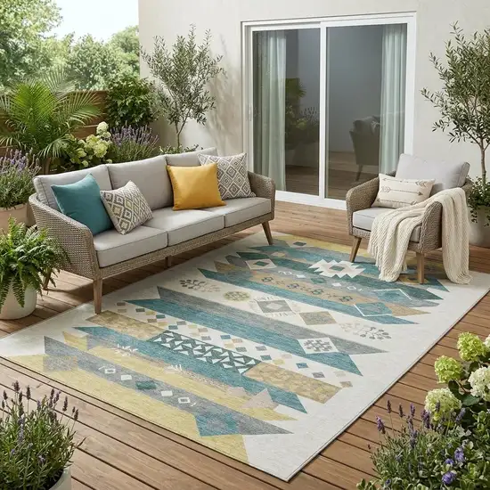 Ivory And Teal Blue Geometric Washable Indoor Outdoor Area Rug Photo 1