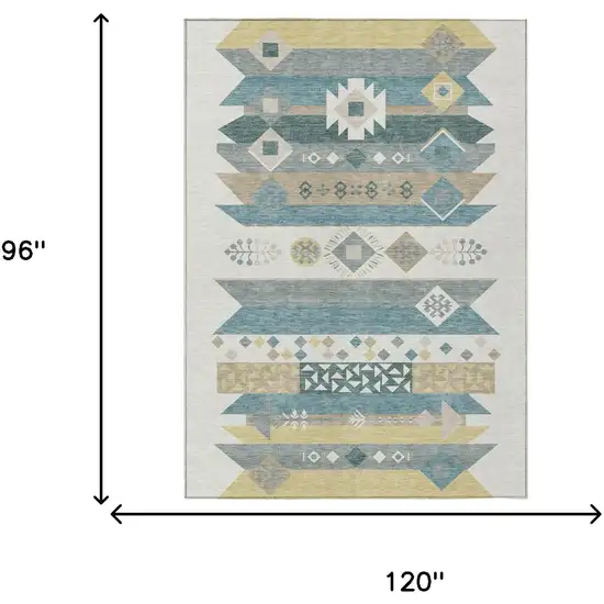 Ivory And Teal Blue Geometric Washable Indoor Outdoor Area Rug Photo 7