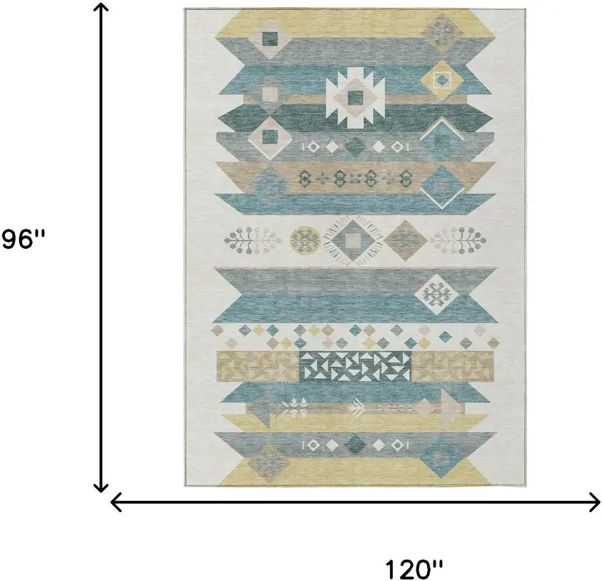 Ivory And Teal Blue Geometric Washable Indoor Outdoor Area Rug Photo 7