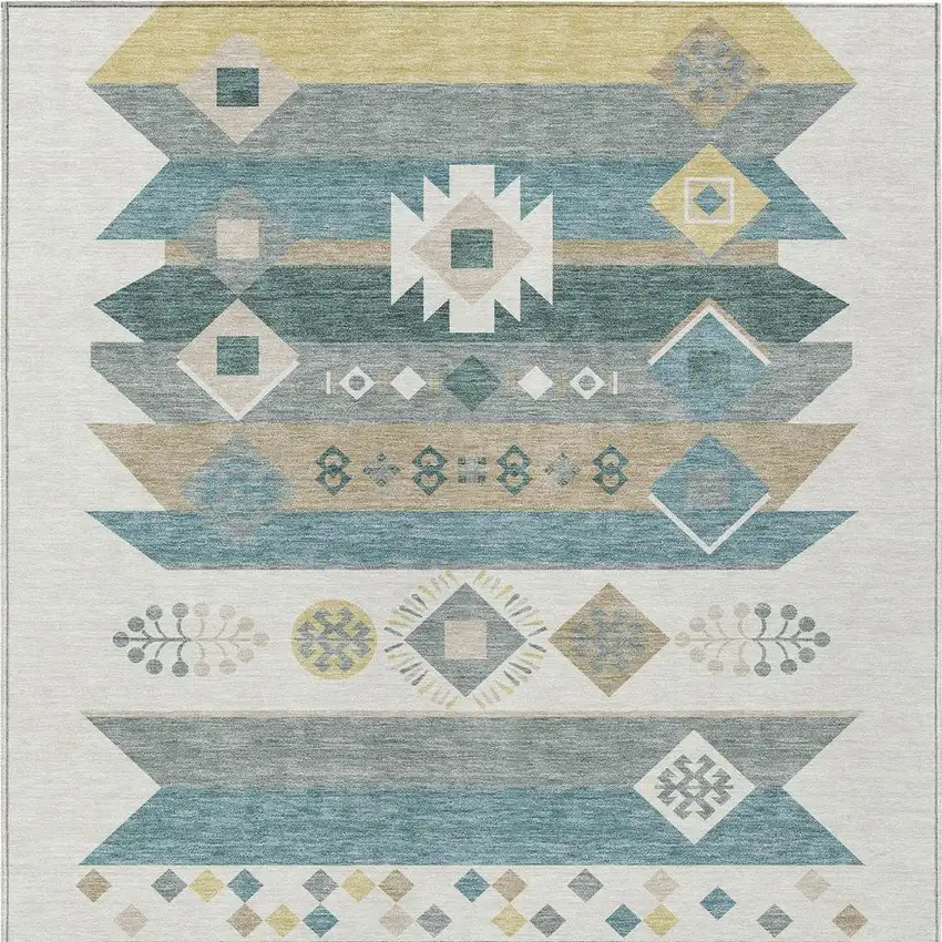 Ivory And Teal Blue Geometric Washable Indoor Outdoor Area Rug Photo 4