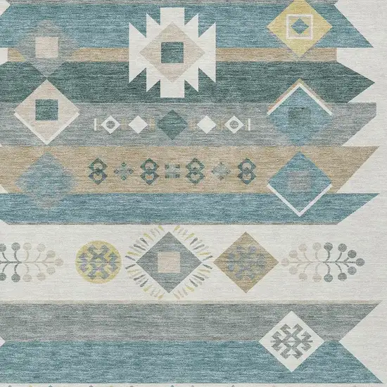 Ivory And Teal Blue Geometric Washable Indoor Outdoor Area Rug Photo 3